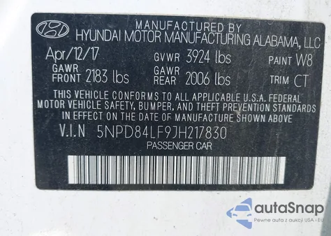 2018 Hyundai Elantra Sel z USA, uszkodzony, nr VIN 5NPD84LF9JH217830